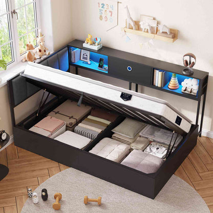 Hasuit | Corner Lift Up Storage Bed Frame with Charging Station & LED Lights Day Bed with Upholstered Headboard and Bookcase for Kids Teens Guests Black