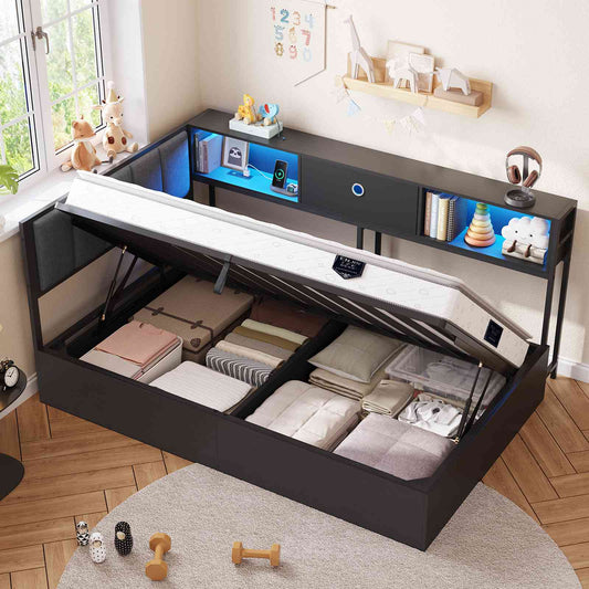 Hasuit | Corner Lift Up Storage Bed Frame with Charging Station & LED Lights Day Bed with Upholstered Headboard and Bookcase for Kids Teens Guests Black