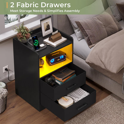 Hasuit | Night Stand Set of 2 with LED Lights and Charging Station Modern Bedside End Table with 2 Fabric Storage Drawers