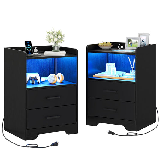 Hasuit | Night Stand Set of 2 with LED Lights and Charging Station Modern Bedside End Table with 2 Fabric Storage Drawers