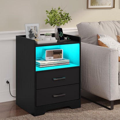 Hasuit | Night Stand Set of 2 with LED Lights and Charging Station Modern Bedside End Table with 2 Fabric Storage Drawers