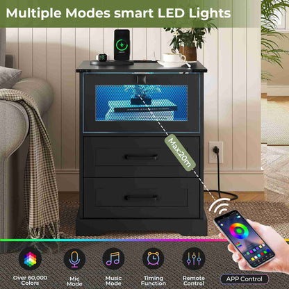 Hasuit | Night Stand with Charging Station and LED Lights Farmhouse Nightstand with 2 Drawers