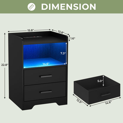 Hasuit | Night Stand Set of 2 with LED Lights and Charging Station Modern Bedside End Table with 2 Fabric Storage Drawers