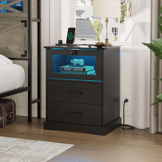 Hasuit | Night Stand with Charging Station and LED Lights Farmhouse Nightstand with 2 Drawers