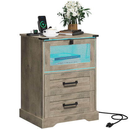 Hasuit | Night Stand with Charging Station and LED Lights Farmhouse Nightstand with 2 Drawers