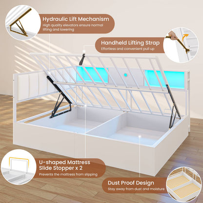 Hasuit | Corner Lift Up Storage Bed Frame with Charging Station & LED Lights Day Bed with Upholstered Headboard and Bookcase for Kids Teens Guests White