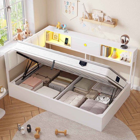 Hasuit | Corner Lift Up Storage Bed Frame with Charging Station & LED Lights Day Bed with Upholstered Headboard and Bookcase for Kids Teens Guests White