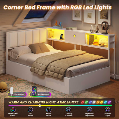 Hasuit | Corner Lift Up Storage Bed Frame with Charging Station & LED Lights Day Bed with Upholstered Headboard and Bookcase for Kids Teens Guests White