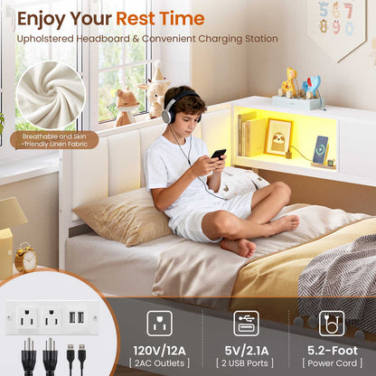 Hasuit | Corner Lift Up Storage Bed Frame with Charging Station & LED Lights Day Bed with Upholstered Headboard and Bookcase for Kids Teens Guests White