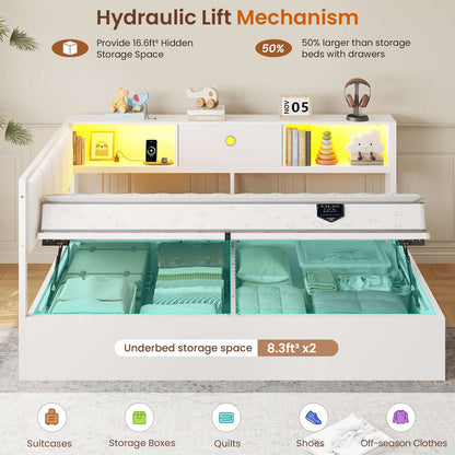 Hasuit | Corner Lift Up Storage Bed Frame with Charging Station & LED Lights Day Bed with Upholstered Headboard and Bookcase for Kids Teens Guests White