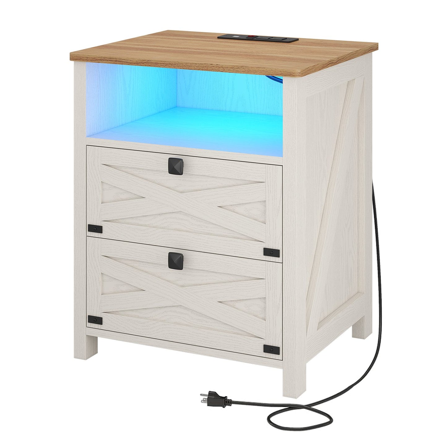 Hasuit | Night Stand with 2 Drawers Rustic Vintage Farmhouse White Nightstand with Charging Station and LED Lights