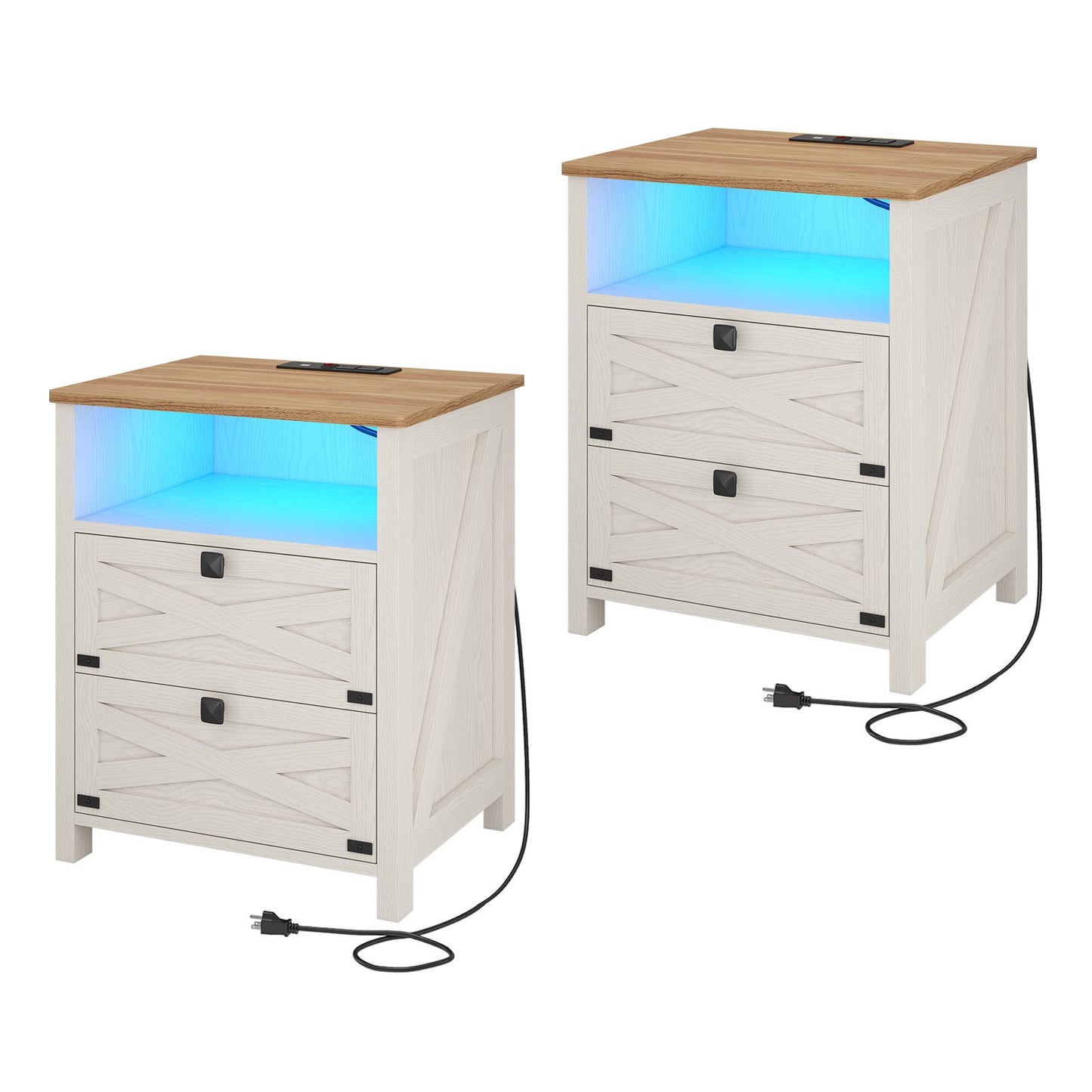 Hasuit | Night Stand with 2 Drawers Rustic Vintage Farmhouse White Nightstand with Charging Station and LED Lights