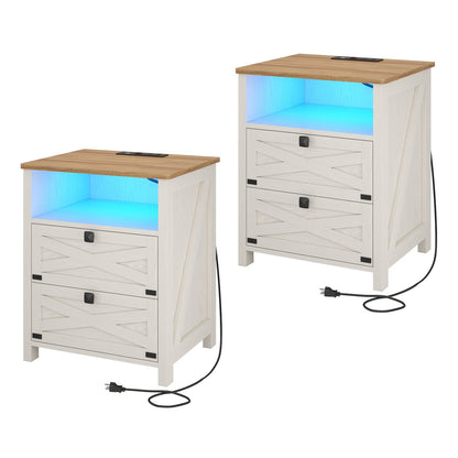 Hasuit | Night Stand with 2 Drawers Rustic Vintage Farmhouse White Nightstand with Charging Station and LED Lights