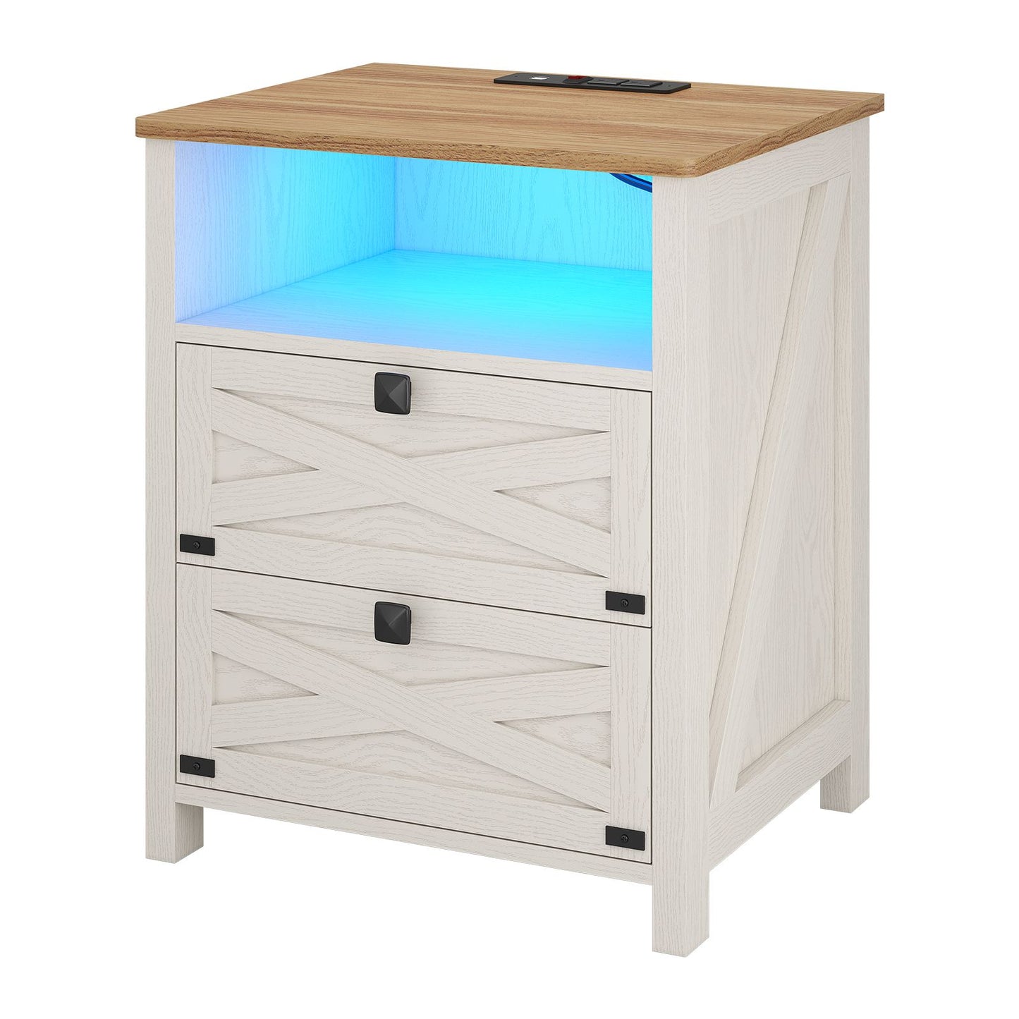 Hasuit | Night Stand with 2 Drawers Rustic Vintage Farmhouse White Nightstand with Charging Station and LED Lights