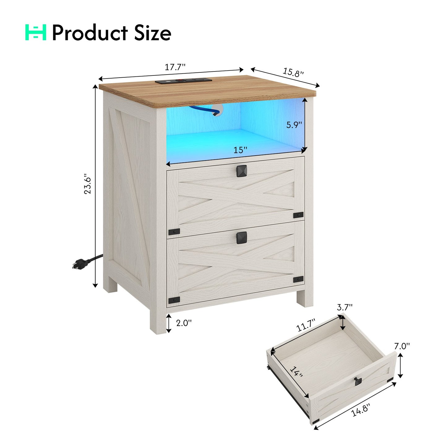 Hasuit | Night Stand with 2 Drawers Rustic Vintage Farmhouse White Nightstand with Charging Station and LED Lights