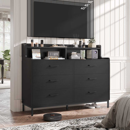 Hasuit | 45.7 Inch Dresser with 6 Drawers and Storage Shelves Wide Chest of Drawers with Sturdy Steel Legs Large Wooden Organizer for Bedroom Entryway