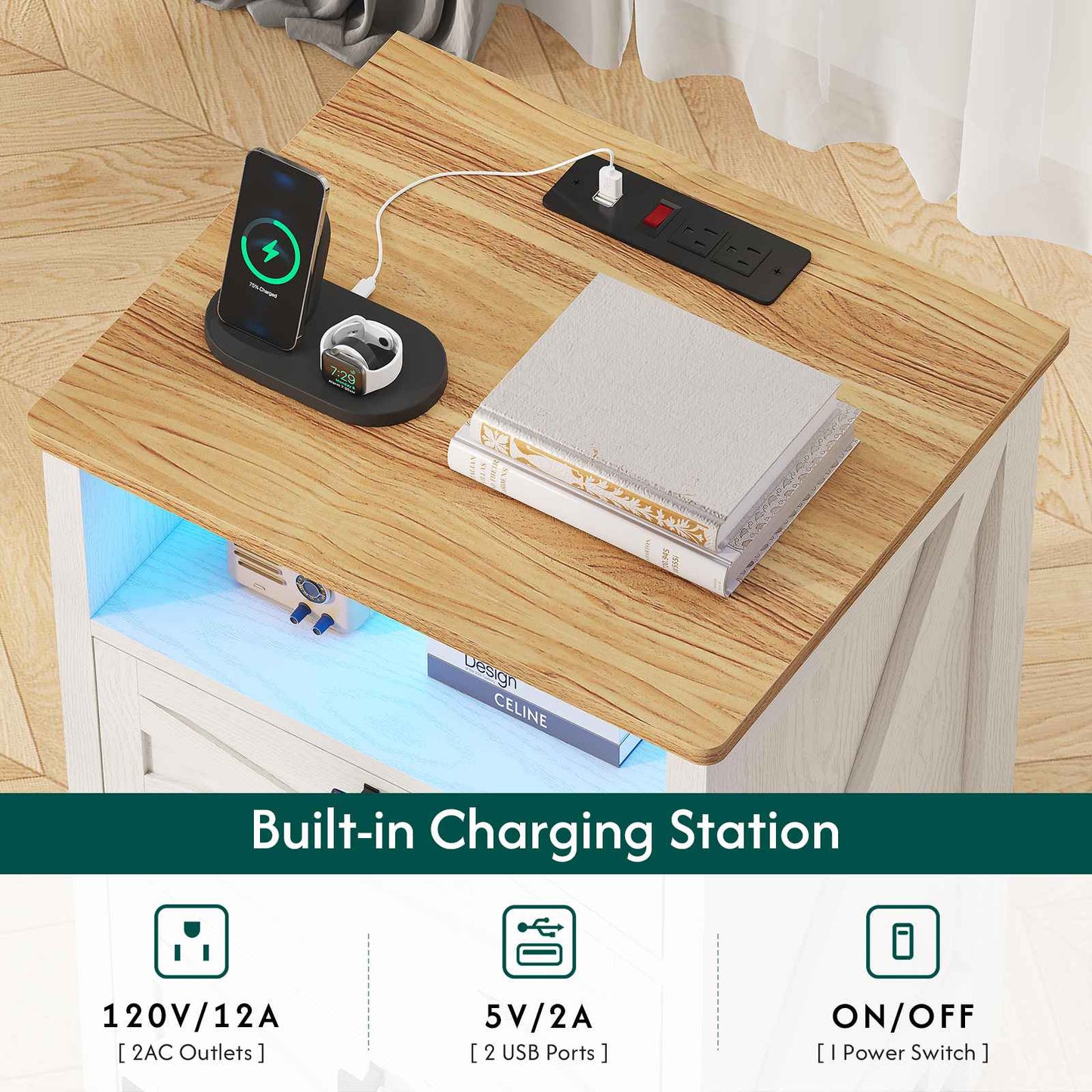 Hasuit | Night Stand with 2 Drawers Rustic Vintage Farmhouse White Nightstand with Charging Station and LED Lights