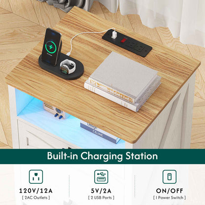 Hasuit | Night Stand with 2 Drawers Rustic Vintage Farmhouse White Nightstand with Charging Station and LED Lights
