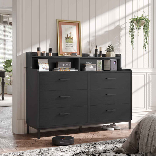 Hasuit | 45.7 Inch Dresser with 6 Drawers and Storage Shelves Wide Chest of Drawers with Sturdy Steel Legs Large Wooden Organizer for Bedroom Entryway