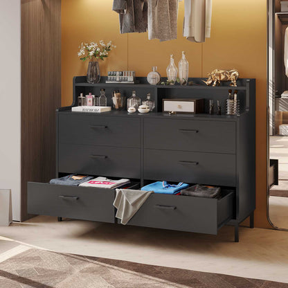 Hasuit | 45.7 Inch Dresser with 6 Drawers and Storage Shelves Wide Chest of Drawers with Sturdy Steel Legs Large Wooden Organizer for Bedroom Entryway