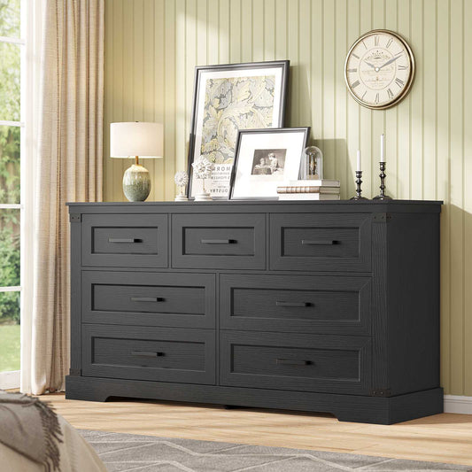Hasuit | 55.1 Inch Dresser with 7 Drawers Wooden Long Dressers Chest of Drawer Farmhouse Dresser with Thick Styling