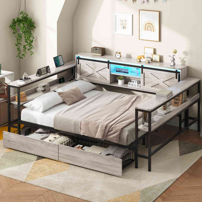 Hasuit | Corner Bed with Drawers and Bookcase Storage Shelves Farmhouse Wooden Daybed with Charging Station and LED Light Rustic Gray Three Sizes