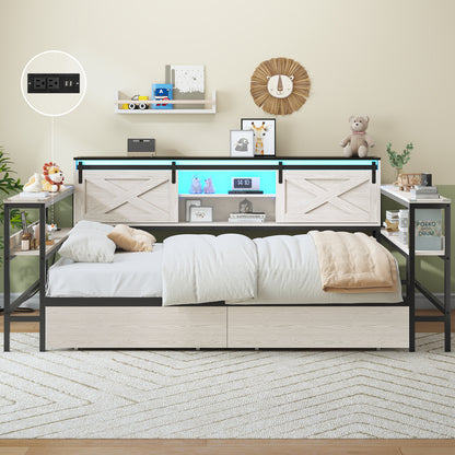 Hasuit | Corner Bed with Drawers and Bookcase Storage Shelves Farmhouse Wooden Daybed with Charging Station & LED Light Black&White Three Sizes
