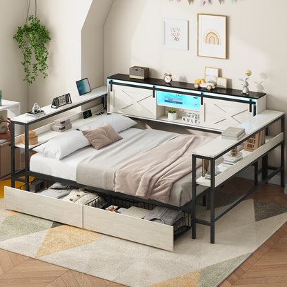 Hasuit | Corner Bed with Drawers and Bookcase Storage Shelves Farmhouse Wooden Daybed with Charging Station & LED Light Black&White Three Sizes