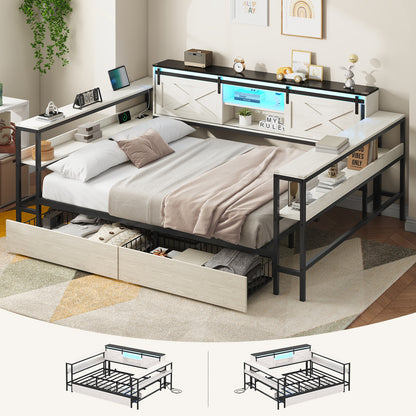 Hasuit | Corner Bed with Drawers and Bookcase Storage Shelves Farmhouse Wooden Daybed with Charging Station & LED Light Black&White Three Sizes