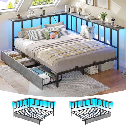 Hasuit | Corner Bed Frame with 2 Storage Drawers Modern Daybed with Charging Station and LED Lights for Kids Teenagers Grey Three Sizes