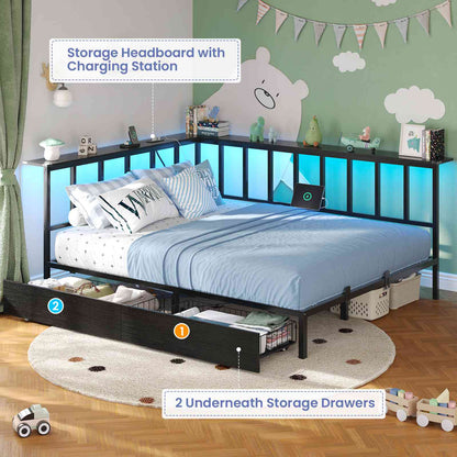 Hasuit | Corner Bed Frame with 2 Storage Drawers Modern Daybed with Charging Station and LED Lights for Kids Teenagers Black Two Sizes