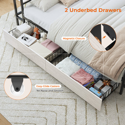 Hasuit | Corner Bed with Drawers and Bookcase Storage Shelves Farmhouse Wooden Daybed with Charging Station & LED Light Black&White Three Sizes