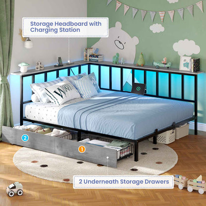 Hasuit | Corner Bed Frame with 2 Storage Drawers Modern Daybed with Charging Station and LED Lights for Kids Teenagers Grey Three Sizes