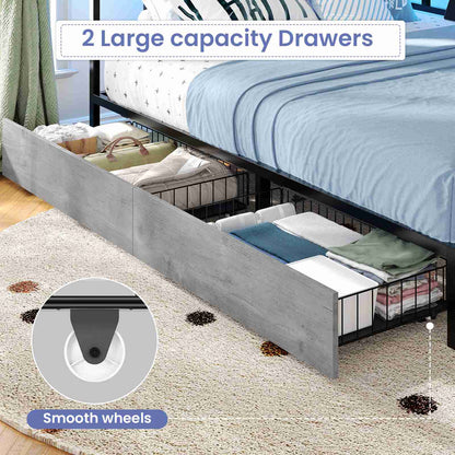 Hasuit | Corner Bed Frame with 2 Storage Drawers Modern Daybed with Charging Station and LED Lights for Kids Teenagers Grey Three Sizes