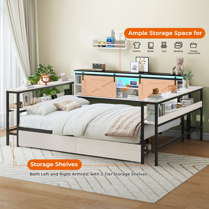 Hasuit | Corner Bed with Drawers and Bookcase Storage Shelves Farmhouse Wooden Daybed with Charging Station & LED Light Black&White Three Sizes