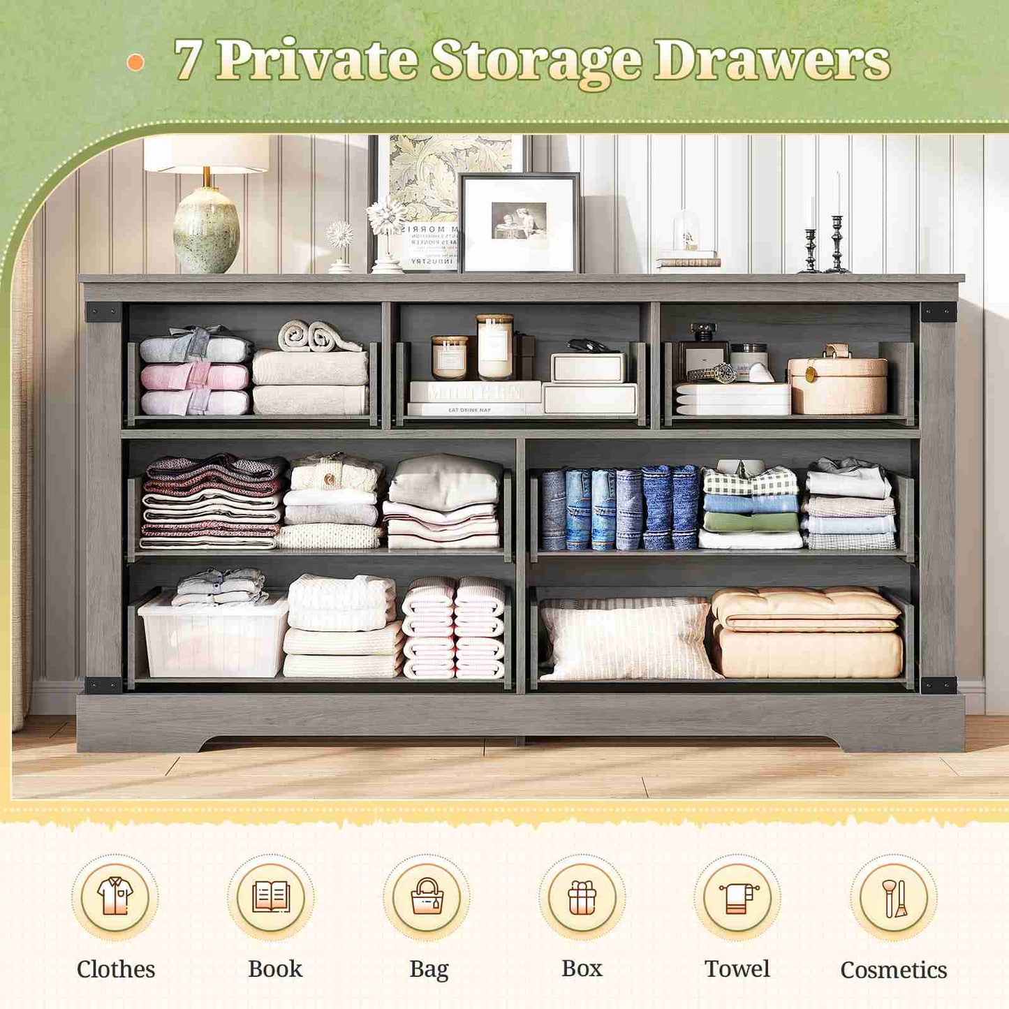 Hasuit | 55.1 Inch Dresser with 7 Drawers Wooden Long Dressers Chest of Drawer Farmhouse Dresser with Thick Styling