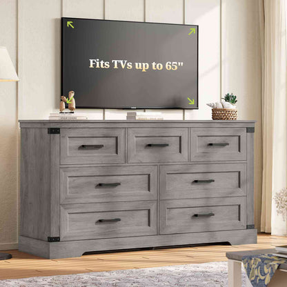 Hasuit | 55.1 Inch Dresser with 7 Drawers Wooden Long Dressers Chest of Drawer Farmhouse Dresser with Thick Styling