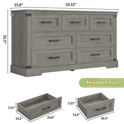 Hasuit | 55.1 Inch Dresser with 7 Drawers Wooden Long Dressers Chest of Drawer Farmhouse Dresser with Thick Styling