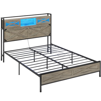 Hasuit | Queen Bed Frame with Storage Headboard Farmhouse Rustic Platform Bed Size with Charging Station and LED Lights  Bed