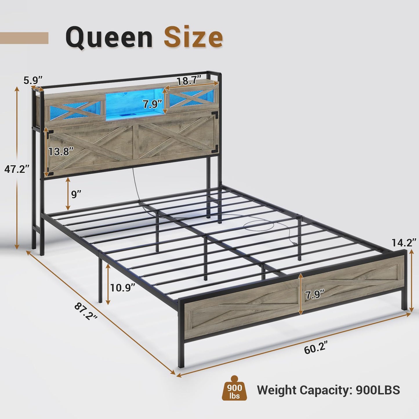 Hasuit | Queen Bed Frame with Storage Headboard Farmhouse Rustic Platform Bed Size with Charging Station and LED Lights  Bed