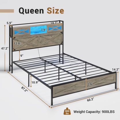 Hasuit | Queen Bed Frame with Storage Headboard Farmhouse Rustic Platform Bed Size with Charging Station and LED Lights  Bed