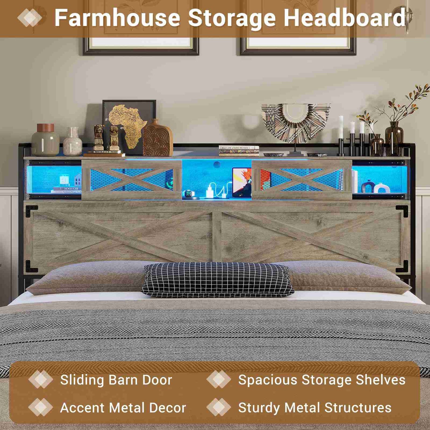 Hasuit | Queen Bed Frame with Storage Headboard Farmhouse Rustic Platform Bed Size with Charging Station and LED Lights  Bed