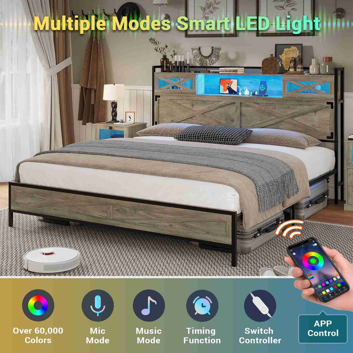 Hasuit | Queen Bed Frame with Storage Headboard Farmhouse Rustic Platform Bed Size with Charging Station and LED Lights  Bed