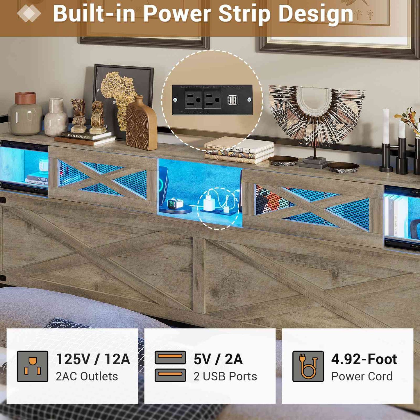 Hasuit | Queen Bed Frame with Storage Headboard Farmhouse Rustic Platform Bed Size with Charging Station and LED Lights  Bed