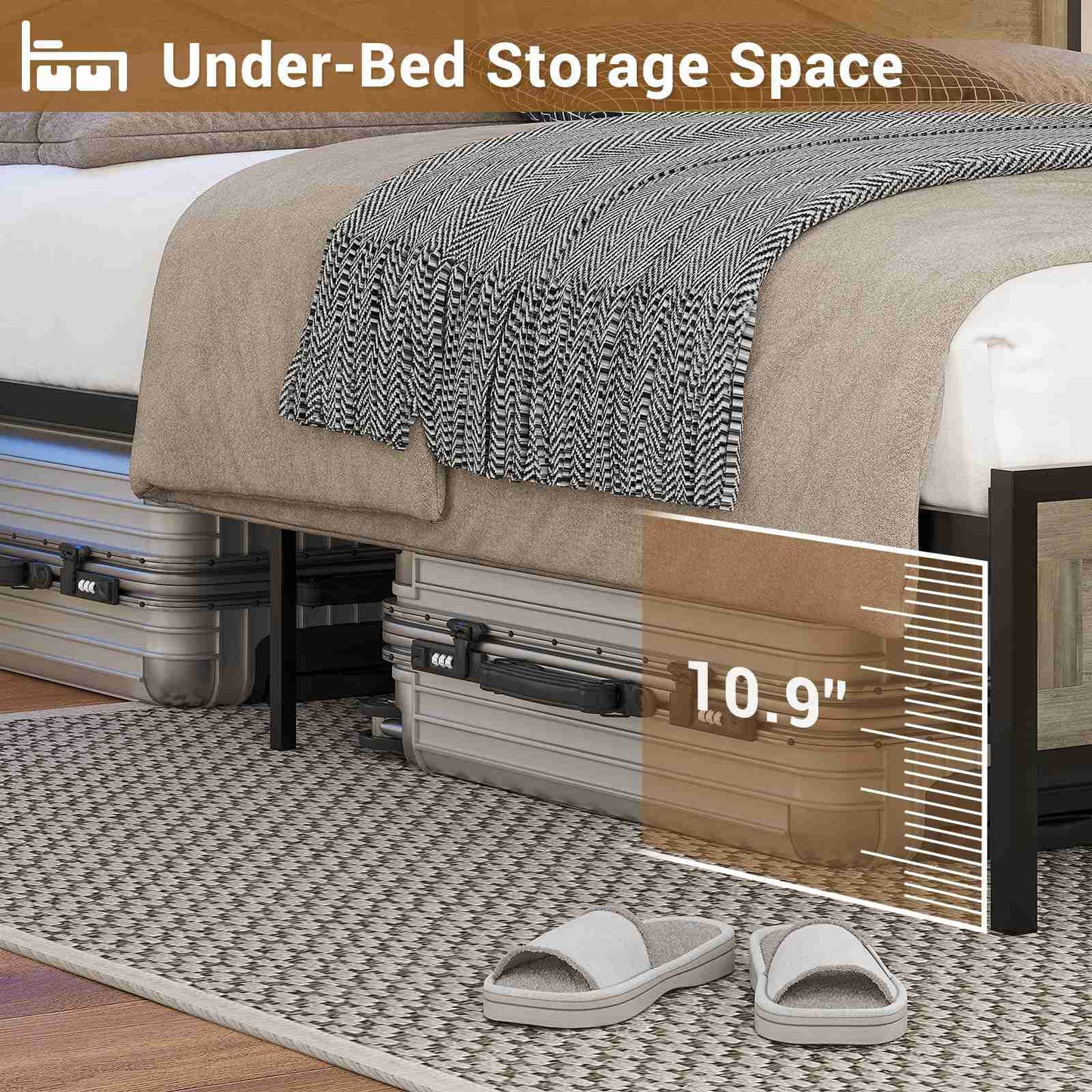 Hasuit | Queen Bed Frame with Storage Headboard Farmhouse Rustic Platform Bed Size with Charging Station and LED Lights  Bed