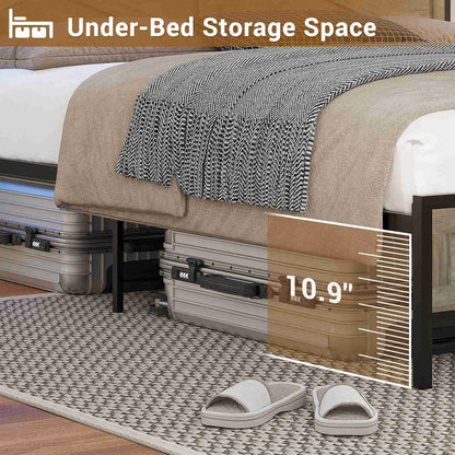 Hasuit | Queen Bed Frame with Storage Headboard Farmhouse Rustic Platform Bed Size with Charging Station and LED Lights  Bed