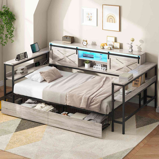 Hasuit | Corner Bed with Drawers and Bookcase Storage Shelves Farmhouse Wooden Daybed with Charging Station and LED Light Rustic Gray Three Sizes