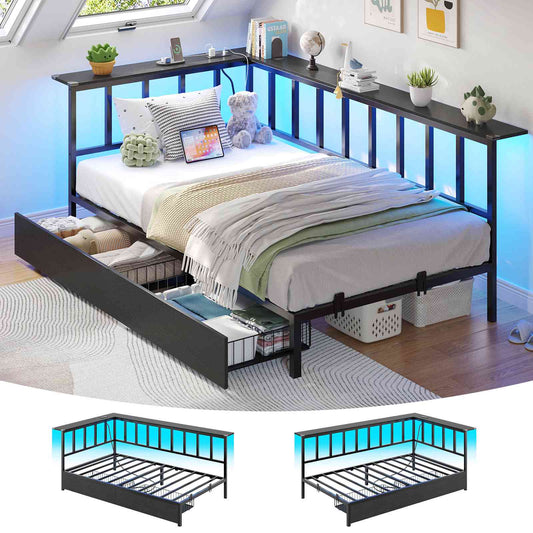 Hasuit | Corner Bed Frame with 2 Storage Drawers Modern Daybed with Charging Station and LED Lights for Kids Teenagers Black Two Sizes