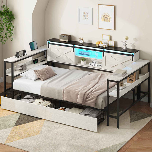 Hasuit | Corner Bed with Drawers and Bookcase Storage Shelves Farmhouse Wooden Daybed with Charging Station & LED Light Black&White Three Sizes