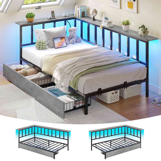 Hasuit | Corner Bed Frame with 2 Storage Drawers Modern Daybed with Charging Station and LED Lights for Kids Teenagers Grey Three Sizes